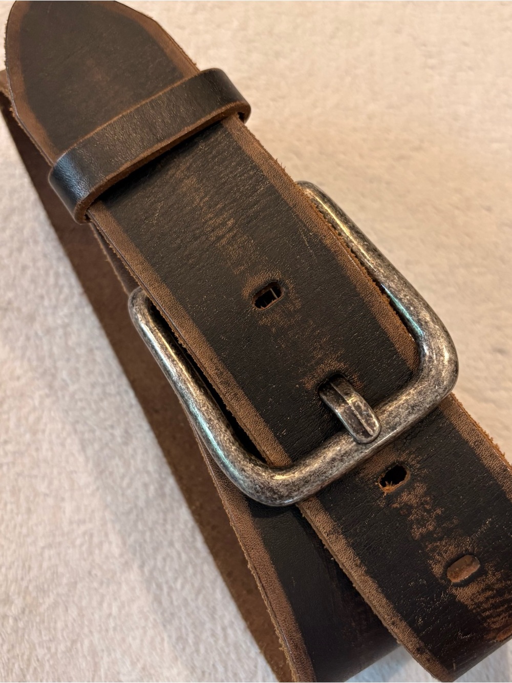 Men's Distressed Brown Leather Belt Chunky Antiqued Silver Buckle Sz 34